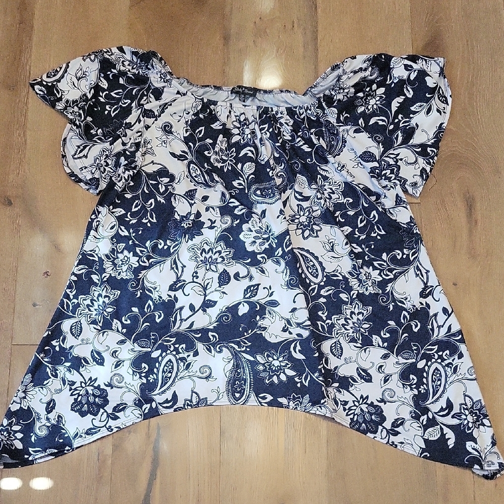 Slinky Brand Navy Blue And White Plus Size 2x Top